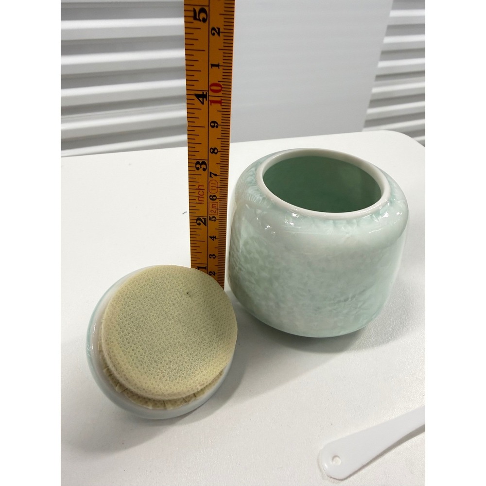 Vintage Crystalline Glaze Ceramic Tea Caddy Mint Green Floral Finial Small Jar - Picture 6 of 9